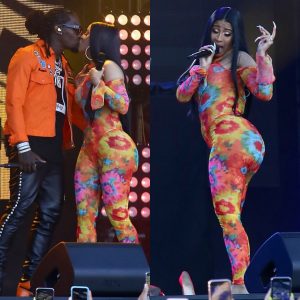 Cardi B kisses husband Offset as she flaunts her curves in colorful catsuit on Jimmy Kimmel Live!