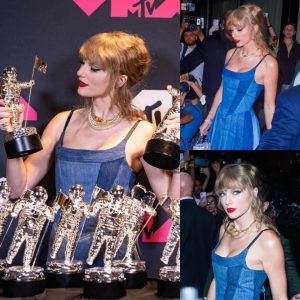 CASUAL VIBES: Taylor Swift puts on a leggy display in a denim mini dress while attending a MTV VMA afterparty in New York City