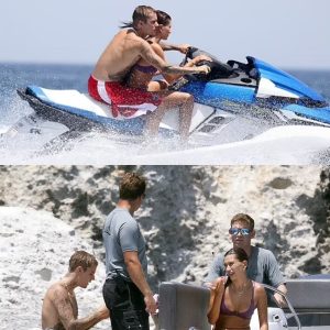 Biebers in paradise! Justin plants a kiss on his bikini-clad wife Hailey as the couple enjoy a jet ski ride on the Greek island of Milos after hiring luxury €278,000-per-week yacht