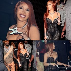 Cardi B pours her curves into a busty fishnet bodystocking and shows off her VERY long nails as she supports husband Offset at his cash-flashing performance in Miami super club